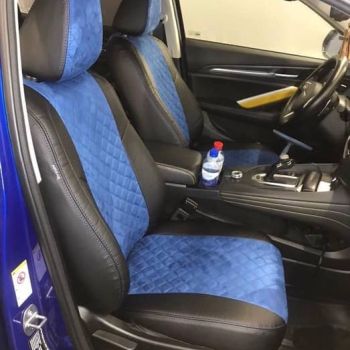 Авточехлы Автопилот черный синий алькантара Ромб